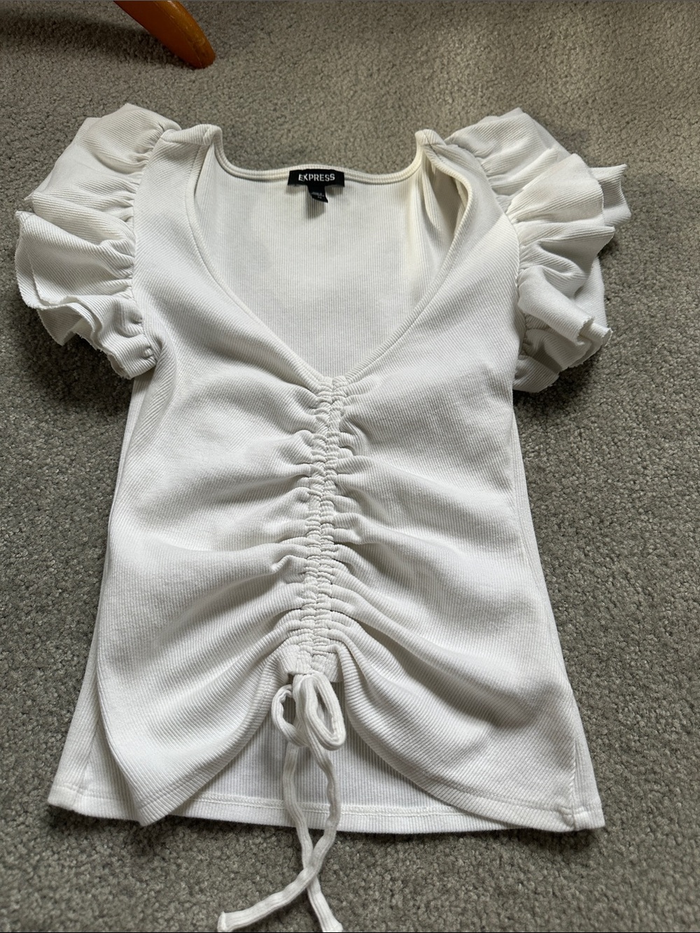 Express White Ruched Front Ruffle Sleeve Top - Picture 4 of 8